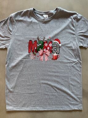 Mama Graphic Tee - Gray with Red & Green Holiday Print